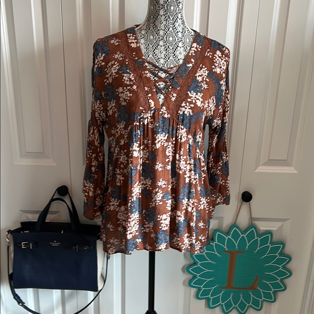 ODDY Brown and Blue 3/4 Sleeve Pleated Blouse